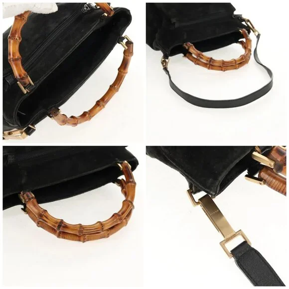 GUCCI Bamboo Hand Bag Suede 2way Black